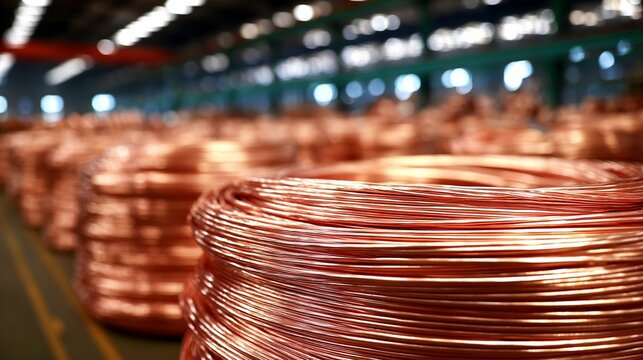 Gleaming copper wire bundles organized neatly in an industrial setting with blurred background lights.