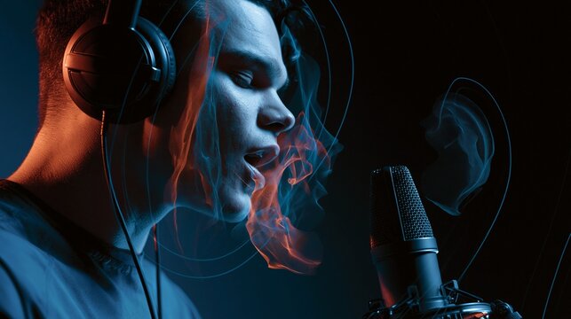 A young man speaks into a studio microphone while translucent sound waves, phoneme shapes, and feedback loops surround his face, illustrating audiomotor prediction error, delayed auditory feedback
