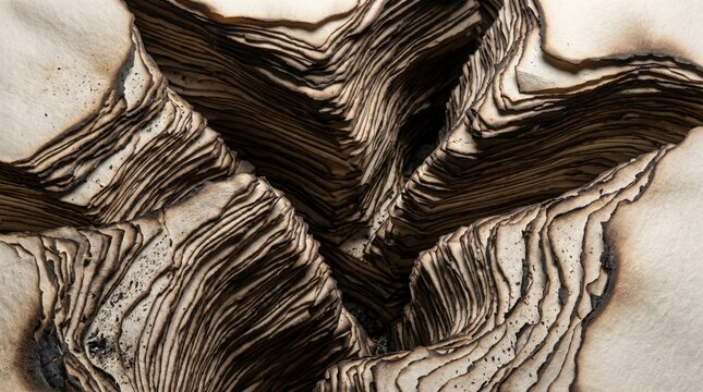 Abstract macro shot of stacked burnt paper edges creating a canyonlike texture