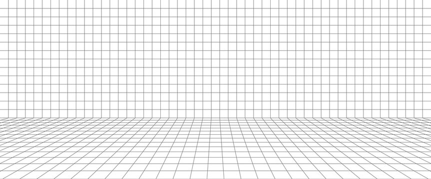 Perspective wireframe grid background. Futuristic geometric floor and wall. Abstract virtual space, cyberspace or metaverse interior. Minimal technology backdrop. Vector illustration