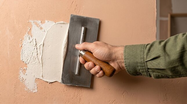 Professional worker applying white plaster to a smooth wall surface using a metal trowel for home interior renovation