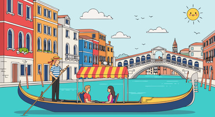 Vector illustration of a romantic gondola ride in Venice, Italy, with iconic bridges and colorful buildings, perfect for travel and lifestyle themes © Manok Mas