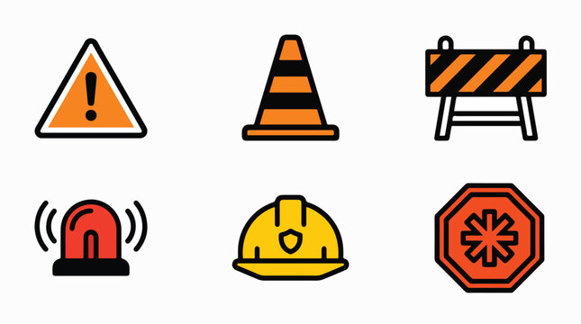 Set of bright orange and yellow construction site warning icons featuring safety gear and hazard signs on white background