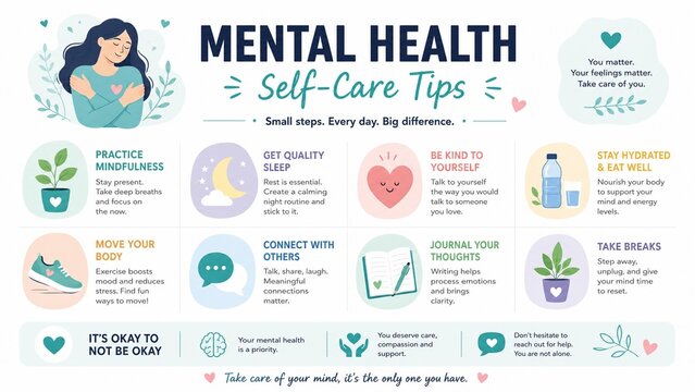 Mental Health Self-Care Tips Infographic for Wellness and Healthy Lifestyle