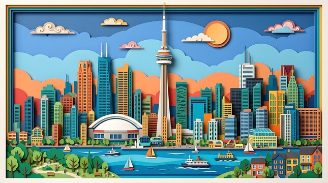 This layered illust n features an abstract representation of a famous city tower rendered in a distinct paper cut style