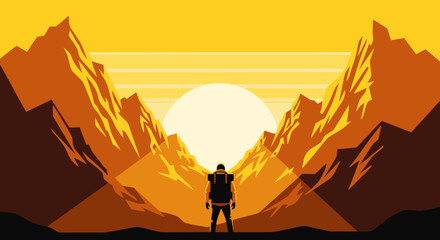 Hiker standing in mountain valley looking at sunset sun, adventure minimalist landscape, clean eps graphic vector illustration © Manok Mas
