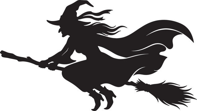 Witch flying on broomstick silhouette with flowing cape and pointed hat against transparent background for spooky seasonal halloween decoration.
