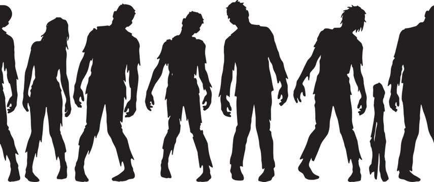 Set of silhouettes of walking dead people for halloween design projects or posters depicting spooky zombies in different poses on transparent.