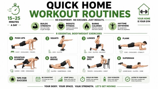 Quick Home Workout Routines Infographic with 8 Essential Bodyweight Exercises
