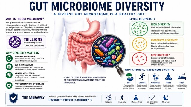 Gut Microbiome Diversity Infographic Explaining Digestive Health and Probiotics