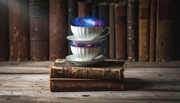 A stack of elegant vintage teacups resting on old leather books, containing miniature swirling galaxies in a cinematic banner composition.