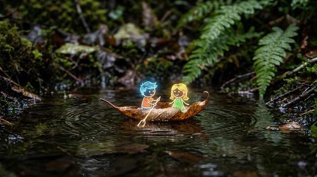 A whimsical scene featuring a boy and girl floating gently in the air illuminated by bright glowing chalk art  This image captures themes of creativity dreams