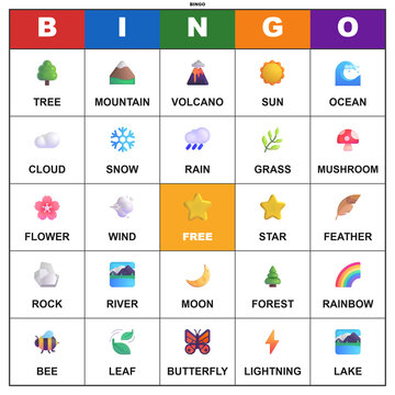 Bingo game card with weather and nature vocabulary. Printable 5x5 grid for classroom and homeschool learning