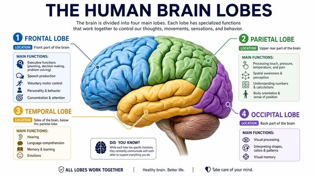 Human Brain Anatomy Infographic Showing Frontal Parietal Temporal and Occipital Lobes Functions