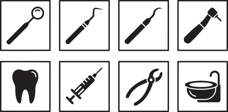 Set of Professional Dental Instrument Icons for Stomatology and Oral Care Medical Treatment isolated on white background.