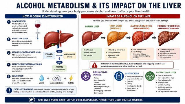 Alcohol Metabolism Process and Liver Disease Progression Medical Infographic