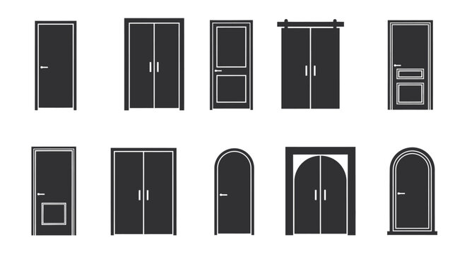 Diverse set of architectural door silhouettes featuring single and double entryways, arched frames, and modern interior door styles for design