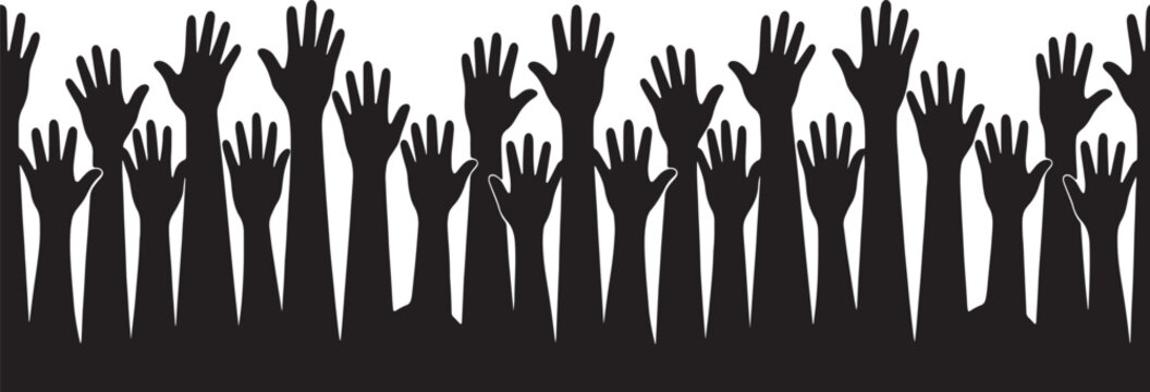 Many hands raised silhouette crowd of people lifting arms up together asking for help celebrating victory or participating in event on transparent background isolated.