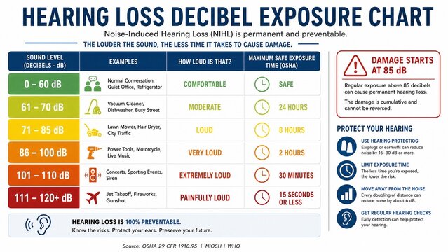 Hearing Loss Decibel Exposure Chart Infographic for Health and Safety Education
