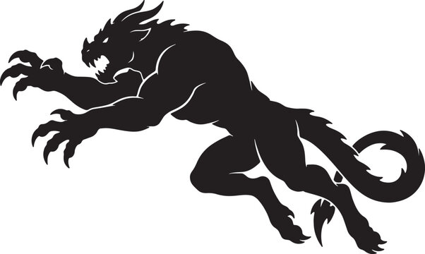 Ferocious monster silhouette creature with sharp claws and teeth attacking pose monstrous beast with dragon like features powerful mythical animal on transparent background.