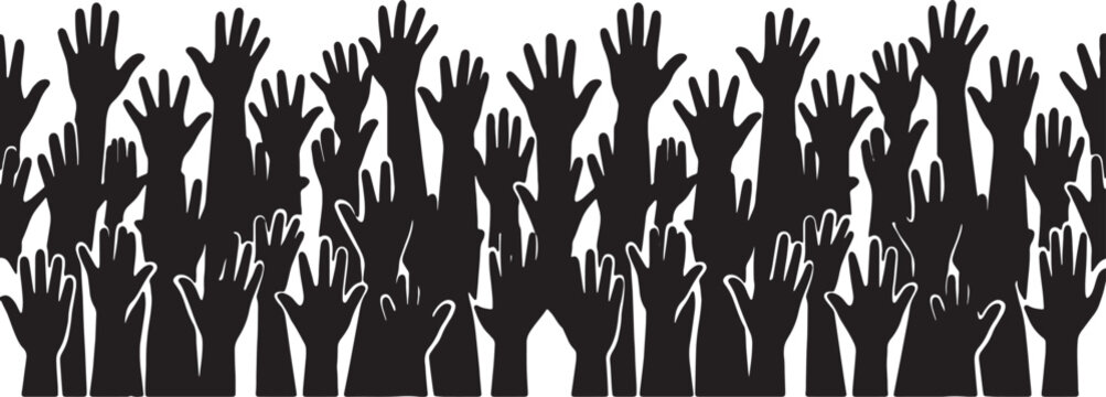 Many hands raised in air silhouette crowd of people lifting arms up together asking for help celebrating victory or participating in event on transparent background.