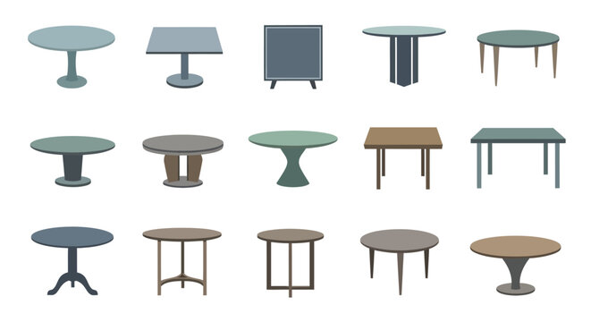 Collection of modern and minimalist table icons featuring round square and rectangular designs for interior office furniture layouts