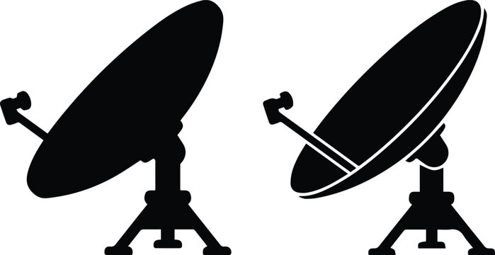 Satellite dish vector icons, black parabolic antenna silhouettes for telecommunications, wireless signal receiver equipment for broadcasting