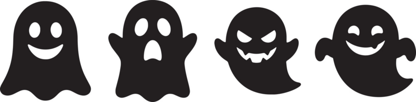 Collection of four ghost silhouettes with happy and mean facial expressions designed for halloween celebration graphics and social media stickers.