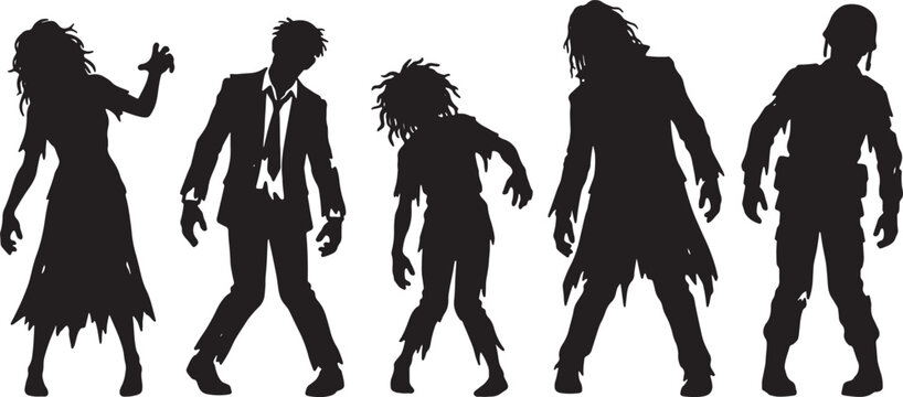 Set of five different walking zombie silhouettes in various outfits including suit dress and uniform isolated on transparent background design.