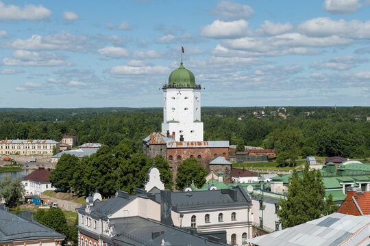 A view of the ancient St. Olaf's Tower of Vyborg castle on a June day. Vyborg, Leningrad oblast, Russia