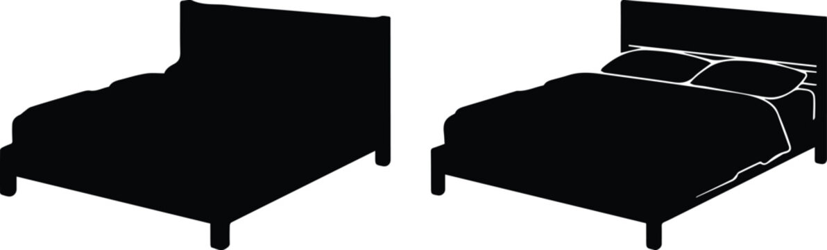 Minimalist double bed silhouette vector set, modern bedroom furniture icons, black bed frame with pillows and duvet for interior design layouts
