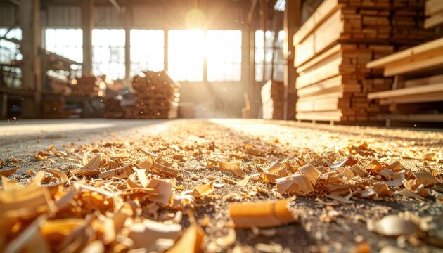 Warm sunlight illuminates a textured carpet of wood shavings scattered across a busy workshop floor, highlighting the raw materials of craftsmanship and industry.