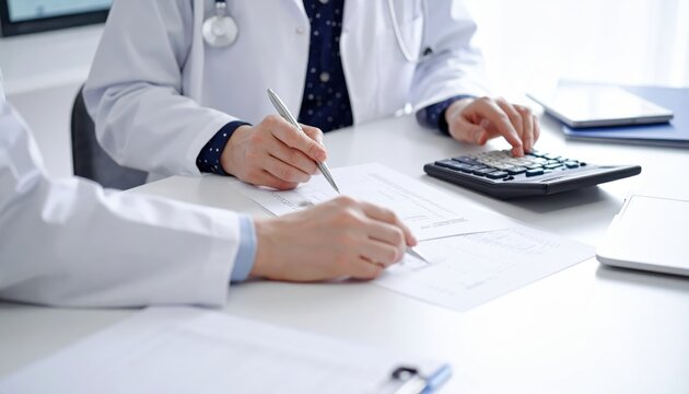 Healthcare professionals focused on medical billing and financial paperwork, meticulously reviewing invoices and using a calculator.