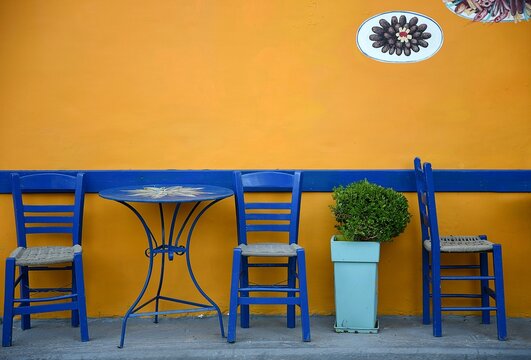 Traditional rural caf&eacute; with a golden ochre stucco wall, blue trim and retro bistro furniture in Koroni, Messinia Peloponnese Greece. 