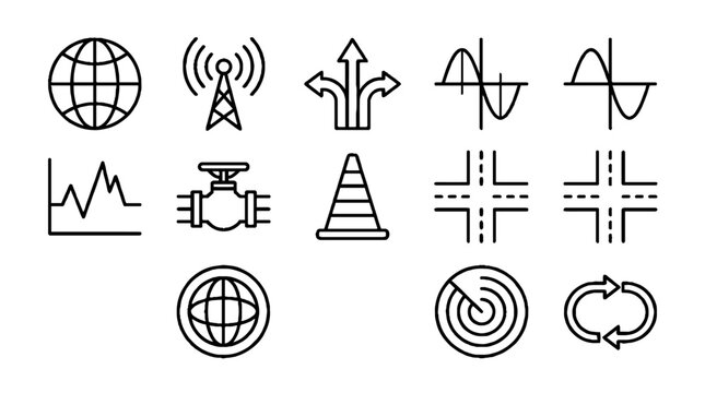 Industrial and Infrastructure Line Icon Set Featuring Global Communication and Engineering Symbols.