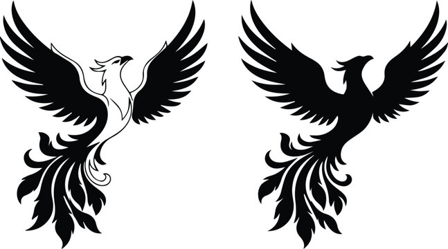 Phoenix bird silhouette set, mythical firebird flying with spread wings, black and white phoenix vector icons for logo design and tattoo art