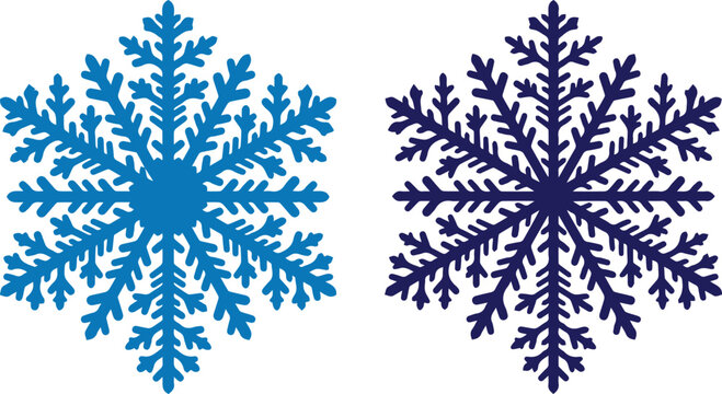 Blue snowflake vector icons, set of 2 winter snow crystal silhouettes, decorative frozen ice flake elements for Christmas and holiday design