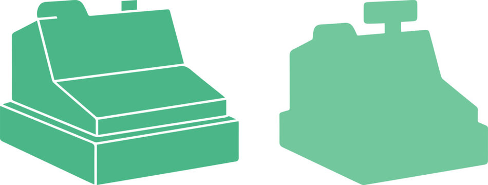Vintage cash register icons, retro green checkout machine silhouettes, antique mechanical till vector set for retail and commerce design