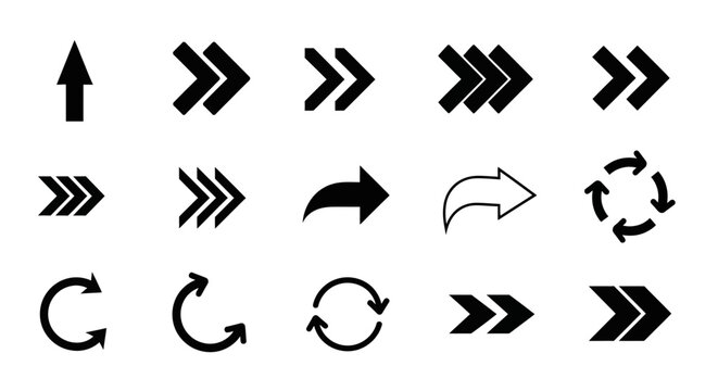 Minimalist black arrow icon set including direction pointers chevron symbols next navigation buttons and reload cycle graphics for digital interfaces