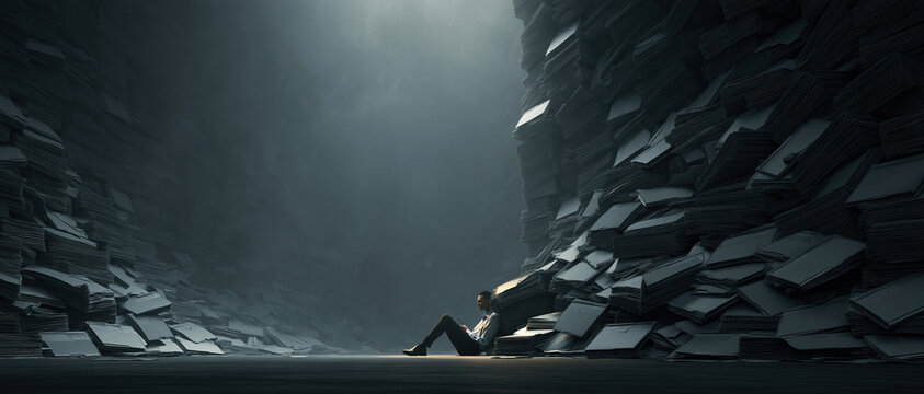 Surreal concept of burnout and information overload a lone figure slumps against a mountain of towering paper stacks in a dramatic, moody dark space. Perfect for mental health, deadline, or.