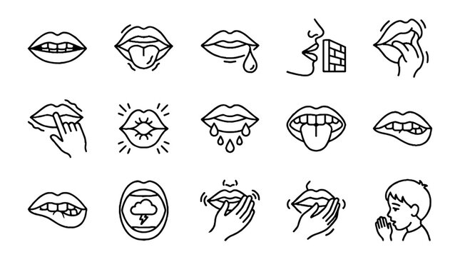 Set of human mouth and lip icons showing various expressions and actions in line art style.