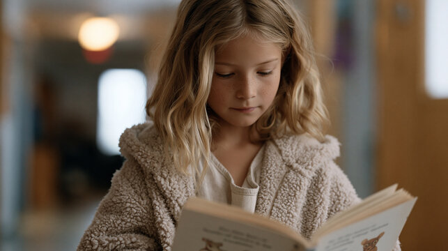 A girl of about six clutches a first-reader book with illustrated animals to her chest mid-hallway at school her eyes scanning each simple sentence again as if confirming the