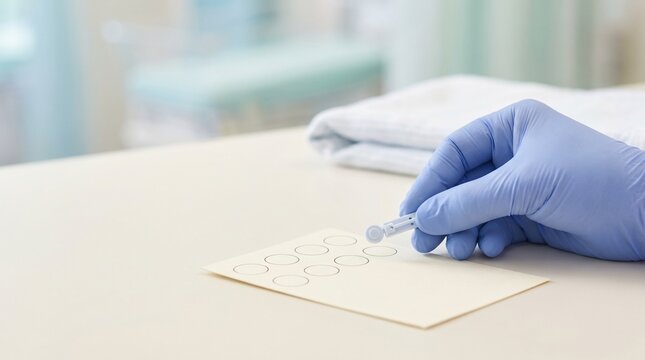 Gloved clinician holding a sterile lancet above a newborn screening blood spot card, neonatal heel prick test and early diagnosis concept in a clean clinic.