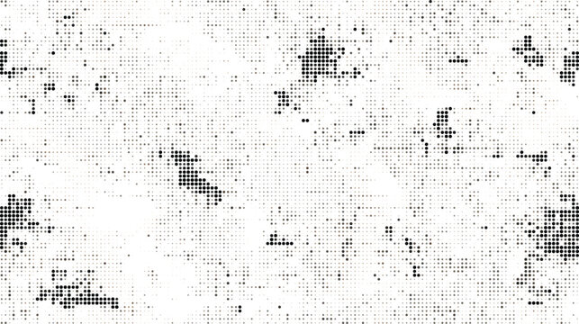 Grungy halftone texture with irregular clusters of black dots on a white background, for a distressed, and weathered visual effect