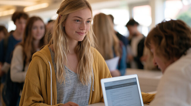 University registrar office crowded with students clutching enrollment paperwork, one young woman at the counter holds up a laptop showing an online degree accreditation page