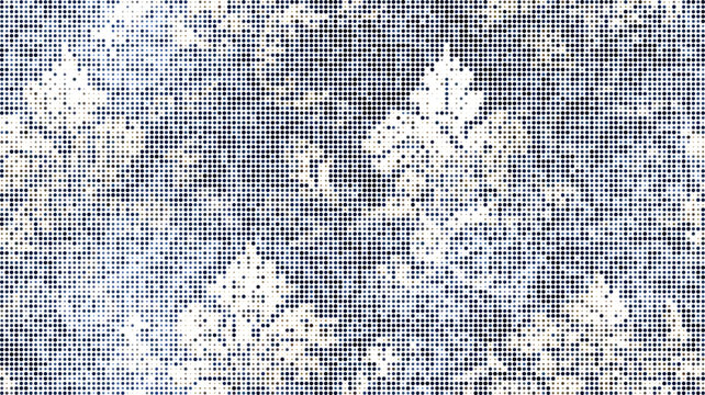 Intricate floral leaf pattern rendered in a halftone dot matrix with blue and beige tones creating a textured and classic visual effect