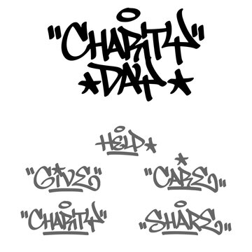 Collection bundle of urban lettering typography spray paint graffiti tags. Distressed aerosol handstyle script sticker pack with various charity day donation words for clothing asset clip art.