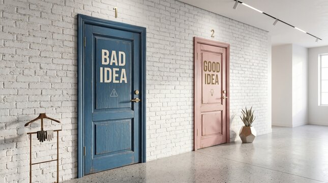 Choosing between bad idea and good idea doors in a modern hallway concept for strategic decision making