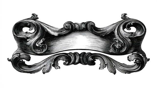 Vintage ornament in Baroque style, with a black and white frame full of detailed arabesques and scrolls.
