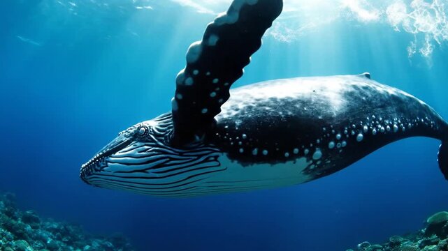 A large whale swims underwater near coral reef with sunlight shining through the water